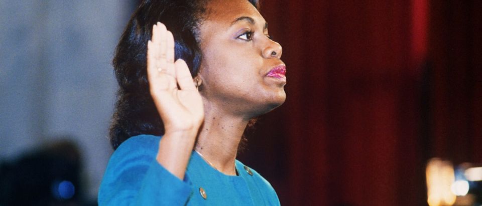 Anita Hill is sworn in before the Senate Judiciary Committee in Washington D.C. on October 12, 1991. (Jennifer Law/AFP/Getty Images)