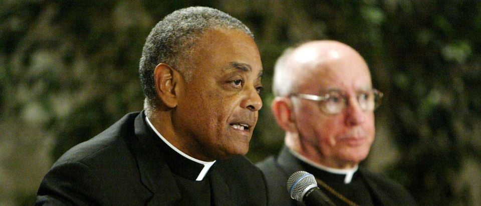 ST. LOUIS, MO - JUNE 21: Wilton Gregory (L), President of the U.S. Conference of Catholic Bishops, addresses the closing session of the three day conference while Harry Flynn, Archbishop of Minneapolis, looks on at St. Louis Union Station in St. Louis June 21, 2003 in St. Louis, Missouri. (Photo by Bill Greenblatt/Getty Images)
