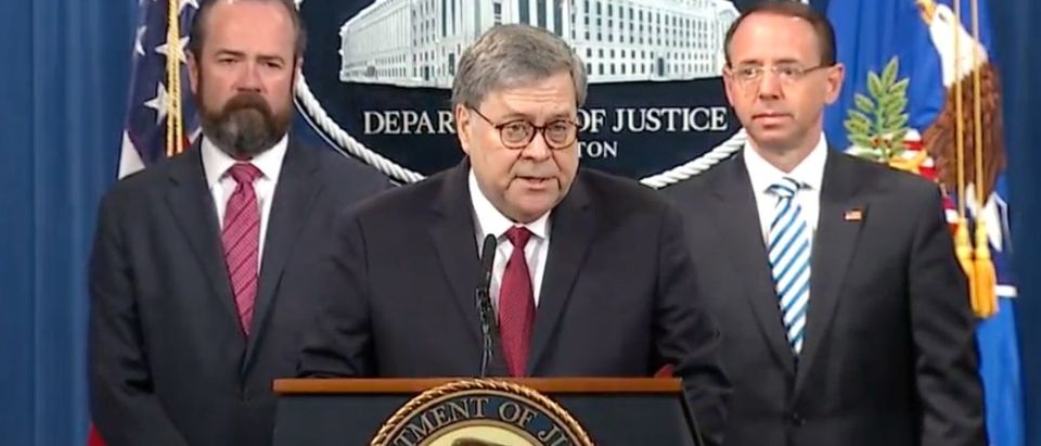 Attorney General William Barr speaks to reporters at Justice Department, April 18, 2019. (YouTube screen grab/Fox News)