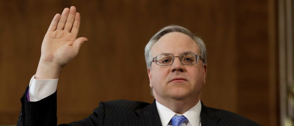 Former energy lobbyist David Bernhardt is sworn in before a Senate Energy and Natural Resources Committee hearing on his nomination of to be Interior secretary, on Capitol Hill in Washington, U.S., March 28, 2019. REUTERS/Yuri Gripas