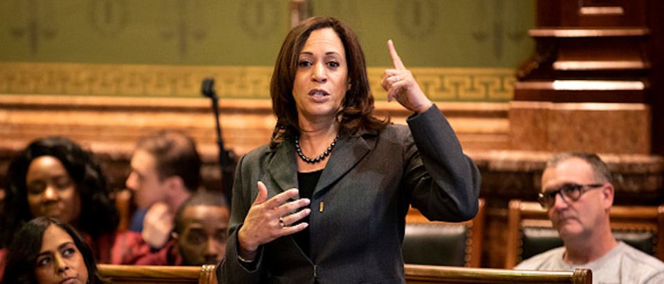 DES MOINES, IA - FEBRUARY 23: Democratic presidential candidate Sen. Kamala Harris (D-CA) fields questions at the Asian and Latino Coalition at the Iowa Statehouse on February 23, 2019 in Des Moines, Iowa. Harris spoke about immigration policy, college tuition, and gun control amongst other topics. (Photo by Stephen Maturen/Getty Images)