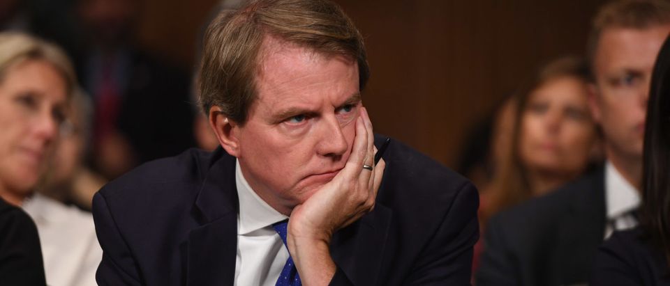 White House Counsel Donald McGahn watches Justice Brett Kavanaugh testify before the Senate Judiciary Committee on September 27, 2018. (Saul Loeb-Pool/Getty Images)