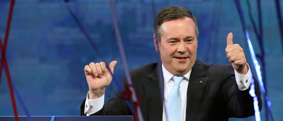 UCP leader Jason Kenney reacts at his election night headquarters in Calgary