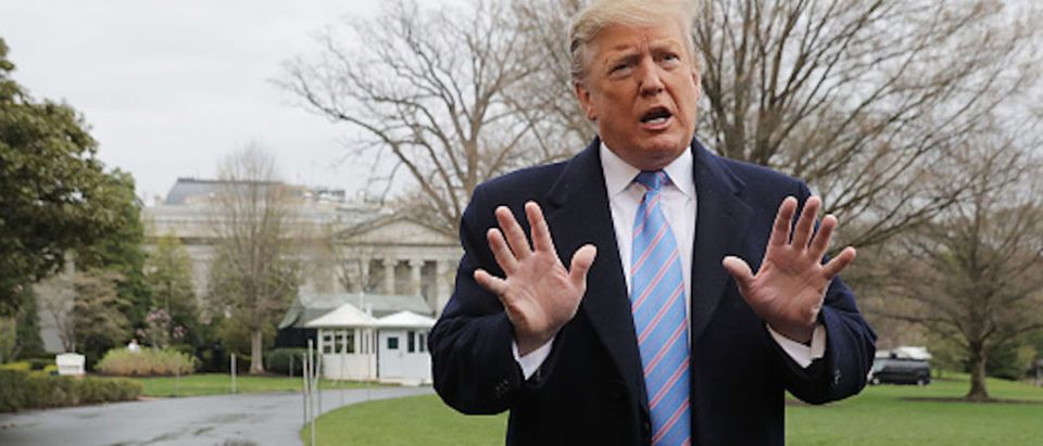WASHINGTON, DC - APRIL 05: U.S. President Donald Trump talks to reporters as he leaves the White House April 05, 2019 in Washington, DC. Trump is traveling to Southern California to visit the U.S.-Mexico border and to Beverly Hills for a fundraiser. (Photo by Chip Somodevilla/Getty Images)