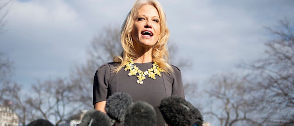 Counselor to US President Donald Trump, Kellyanne Conway speaks to the press outside the West Wing of the White House in Washington, DC, on January 9, 2018. (Photo by Jim WATSON / AFP) (Photo credit should read JIM WATSON/AFP/Getty Images)