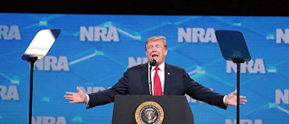 INDIANAPOLIS, INDIANA - APRIL 26: US President Donald Trump speaks to guests at the NRA-ILA Leadership Forum at the 148th NRA Annual Meetings &amp; Exhibits on April 26, 2019 in Indianapolis, Indiana. The convention, which runs through Sunday, features more than 800 exhibitors and is expected to draw 80,000 guests. (Photo by Scott Olson/Getty Images)