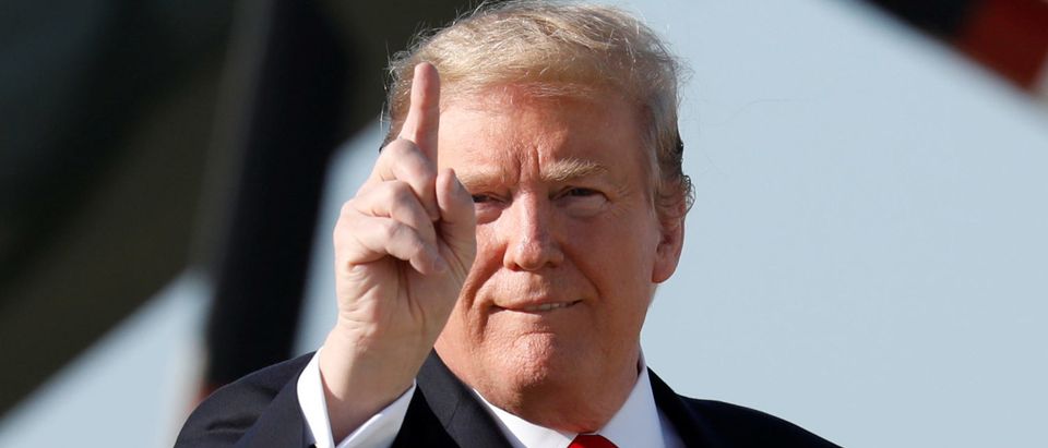 U.S. President Donald Trump gestures as he arrives to board Air Force One at Joint Base Andrews in Maryland, U.S., before his departure to Green Bay, Wisconsin, April 27, 2019. REUTERS/Yuri Gripas.