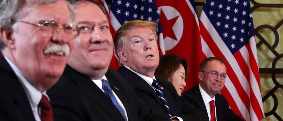 U.S. President Donald Trump, U.S. Secretary of State Mike Pompeo, White House national security adviser John Bolton and acting White House Chief of Staff Mick Mulvaney attend the extended bilateral meeting in the Metropole hotel with North Korea's leader Kim Jong Un and his delegation during the second North Korea-U.S. summit in Hanoi, Vietnam February 28, 2019. REUTERS/Leah Millis