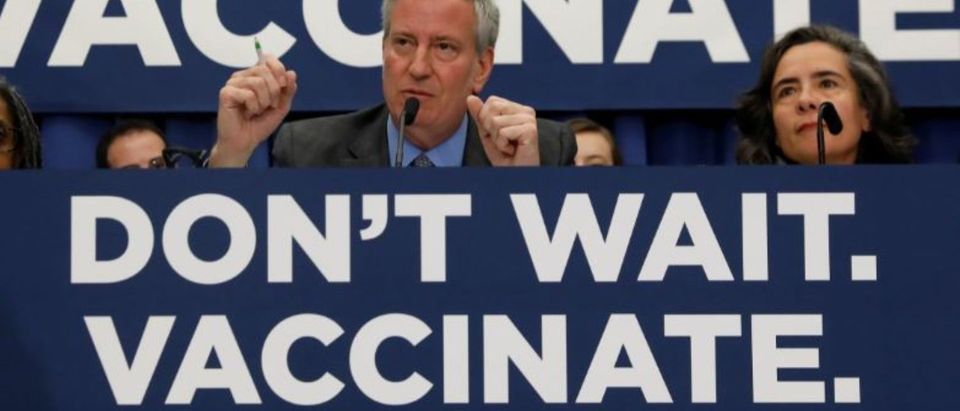 New York City Mayor Bill de Blasio speaks during a news conference declaring a public health emergency in parts of Brooklyn in response to a measles outbreak, requiring unvaccinated people living in the affected areas to get the vaccine or face fines, in the Orthodox Jewish community of the Williamsburg neighborhood, in Brooklyn, New York City, U.S., April 9, 2019. REUTERS/Shannon Stapleton