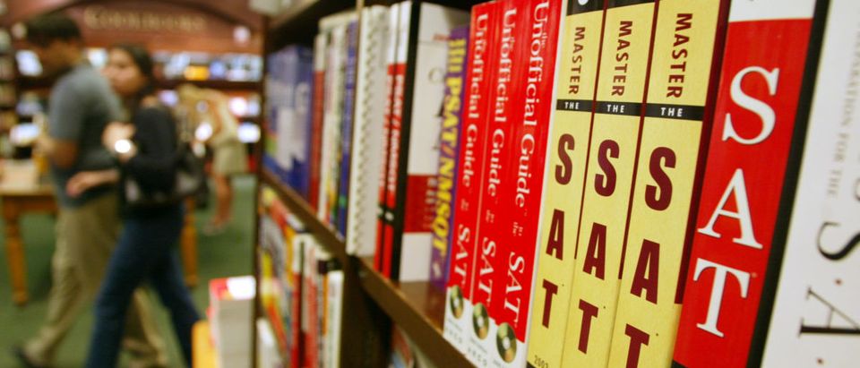 SAT test preparation books sit on a shelf at a Barnes and Noble store June 27, 2002 in New York City. (Mario Tama/Getty Images)