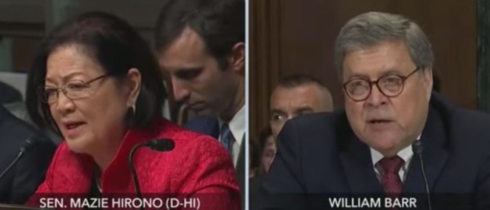 Hawaii Sen. Mazie Hirono questions Attorney General William Barr during Senate Judiciary Committee hearing, May 1, 2019. Youtube screen capture