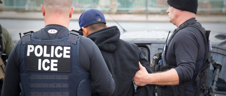 ICE officers detain a suspect as they conduct a targeted enforcement operation in Los Angeles