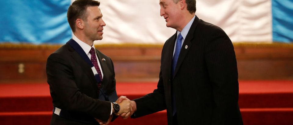 Guatemala Minister of Interior and Home Affairs Enrique Degenhart shakes hands with Acting Secretary of U.S. Homeland Security, Kevin McAleenan during a meeting in Guatemala City, Guatemala May 27, 2019. REUTERS/Luis Echeverria