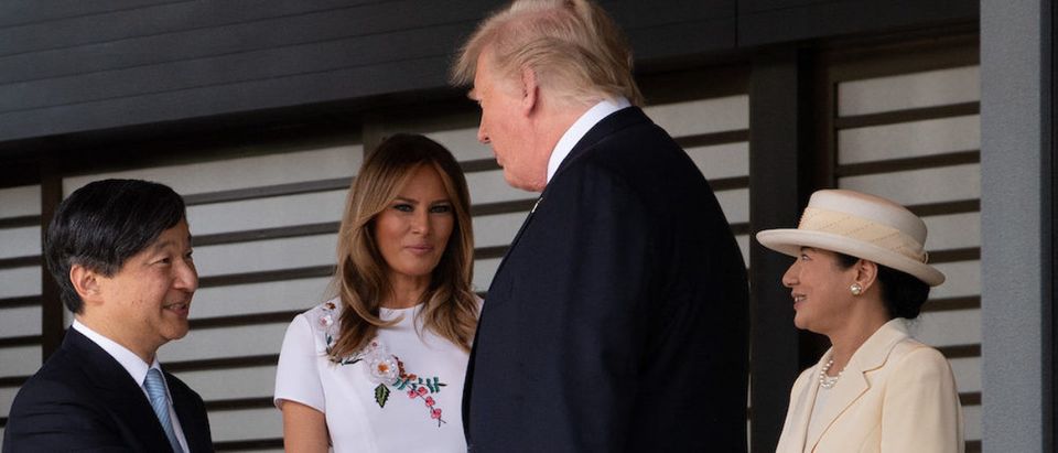 U.S President Donald Trump (C-R) and First Lady Melania Trump (C-L) are bid farewell by Emperor Naruhito and Empress Masako as they leave the Imperial Palace on May 27, 2019 in Tokyo, Japan. President Trump is on the third day of a four day state visit to Japan, the first official visit of the country's Reiwa era. Alongside a number of engagements, Mr Trump was guest of honour at a Sumo wrestling match on Sunday and is expected to meet families of North Korean abductees. (Photo by Carl Court - Pool/Getty Images)