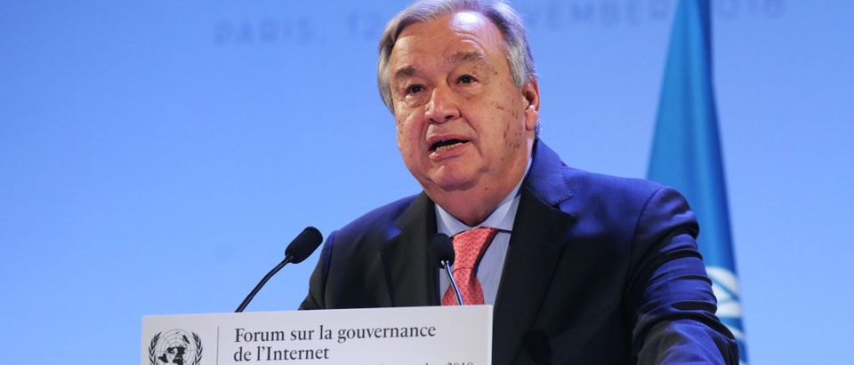 UN Secretary-General Antonio Guterres delivers a speech during the opening session of the Internet Governance Forum (IGF) at the UNESCO headquarters in Paris
