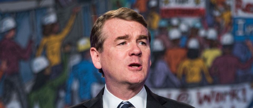 Sen. Michael Bennet speaks during the North American Building Trades Unions Conference at the Washington Hilton April 10, 2019 in Washington, DC. (Photo by Zach Gibson/Getty Images)
