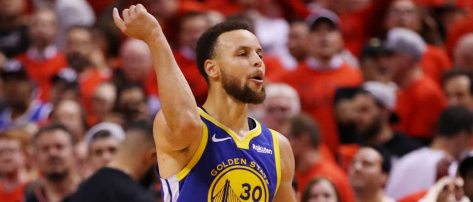 TORONTO, ONTARIO - JUNE 10: Stephen Curry #30 of the Golden State Warriors reacts against the Toronto Raptors in the second half during Game Five of the 2019 NBA Finals at Scotiabank Arena on June 10, 2019 in Toronto, Canada. (Photo by Gregory Shamus/Getty Images)