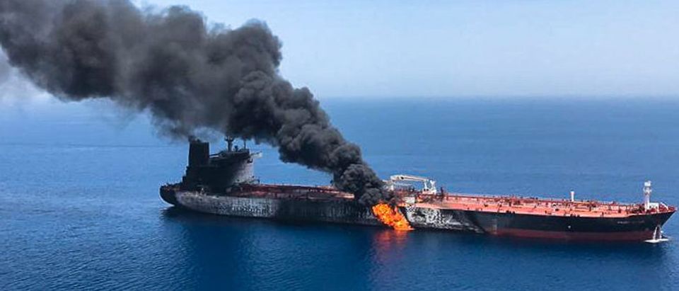 A picture obtained by AFP from Iranian News Agency ISNA on June 13, 2019 reportedly shows fire and smoke billowing from Norwegian owned Front Altair tanker said to have been attacked in the waters of the Gulf of Oman. (-/AFP/Getty Images)