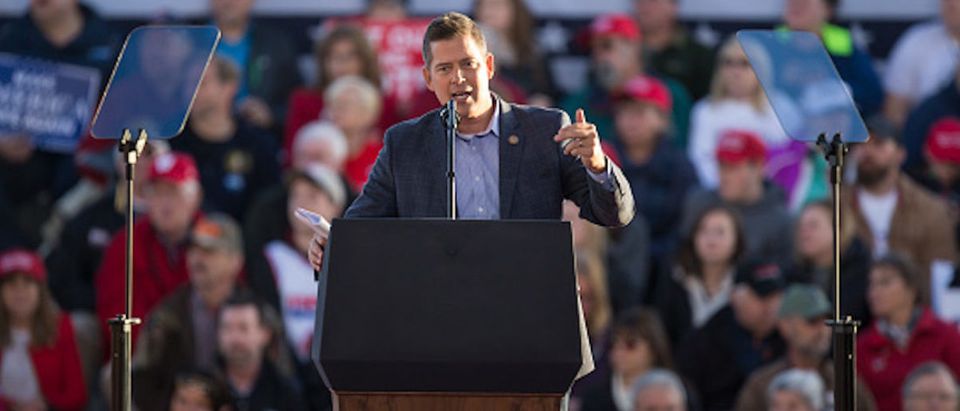 Rep. Sean Duffy (R-Wis.) talks to the crowd before U.S. President Donald Trump makes an appearance at a rally on October 24, 2018 in Mosinee, Wisconsin
