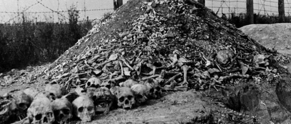 A pile of human bones and skulls is seen in 1944 at the Nazi concentration camp of Majdanek in the outskirts of Lublin, the second largest death camp in Poland after Auschwitz, following its liberation in 1944 by Russian troops. (AFP/Getty Images)