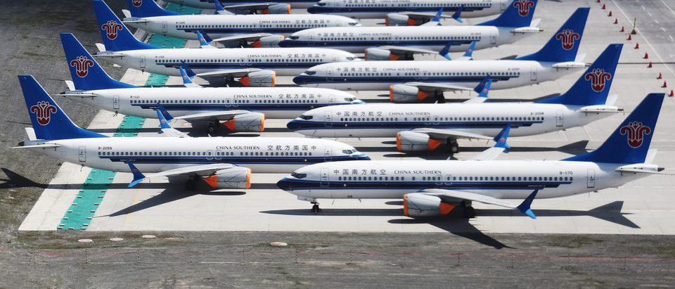 This photo taken on June 5, 2019 shows grounded China Southern Airlines Boeing 737 MAX aircraft parked in a line at Urumqi airport, in China's western Xinjiiang region. (GREG BAKER/AFP/Getty Images)