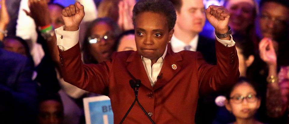 Mayoral candidate Lori Lightfoot clinches her fists as she speaks during her election night celebration after defeating her challenger Toni Preckwinkle in a runoff election in Chicago