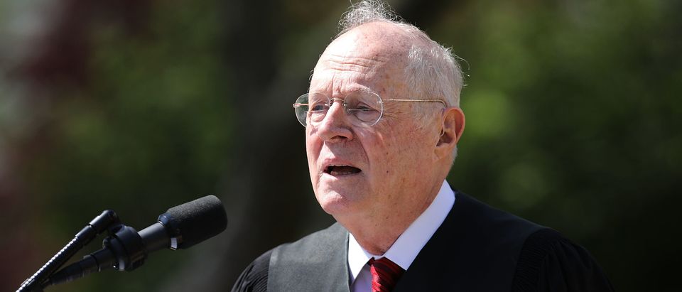 Justice Anthony Kennedy delivers remarks before administering the judicial oath to Justice Neil Gorsuch during a ceremony in the Rose Garden at the White House on April 10, 2017. (Chip Somodevilla/Getty Images)