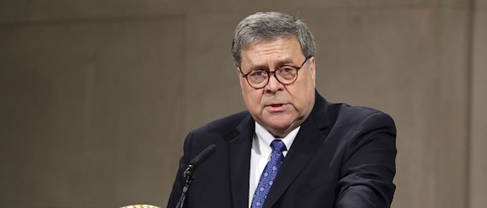 WASHINGTON, DC - MAY 09: U.S. Attorney General William Barr delivers remarks during a farewell ceremony for Deputy Attorney General Rod Rosenstein at the Robert F. Kennedy Main Justice Building May 09, 2019 in Washington, DC. Rosenstein, who has worked for the federal government for more than 29 years, will be most remembered for overseeing special counsel Robert Mueller's investigation into Russian interference in the 2018 presidential election. (Photo by Chip Somodevilla/Getty Images)