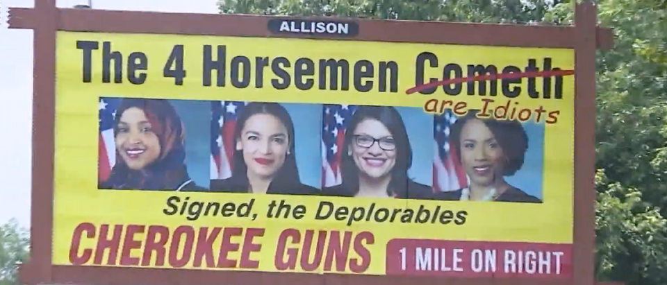 Gun shop in Murphy, N C depicts 4 Congress members in '4 Horsemen' billboard. Photo Youtube screenshot courtesy of WTKR.