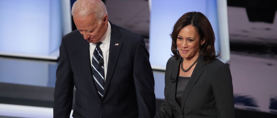 DETROIT, MICHIGAN - JULY 31: Democratic presidential candidates former Vice President Joe Biden and Sen. Kamala Harris (D-CA) greet each other at the Democratic Presidential Debate at the Fox Theatre July 31, 2019 in Detroit, Michigan. 20 Democratic presidential candidates were split into two groups of 10 to take part in the debate sponsored by CNN held over two nights at Detroit’s Fox Theatre. (Photo by Scott Olson/Getty Images)