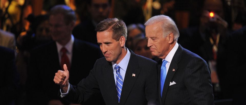 Democratic vice presidential nominee Joe Biden and his son Beau acknowledge the crowd during the Democratic National Convention August 27, 2008 at the Pepsi Center in Denver, Colorado. (PAUL J. RICHARDS/AFP/Getty Images)