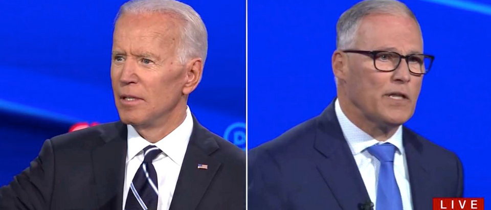 Former Vice President Joe Biden and Washington Gov. Jay Inslee agreed to eliminate the coal industry as soon as possible during the Democratic primary debate in Detroit Wednesday. (Screenshot/CNN)