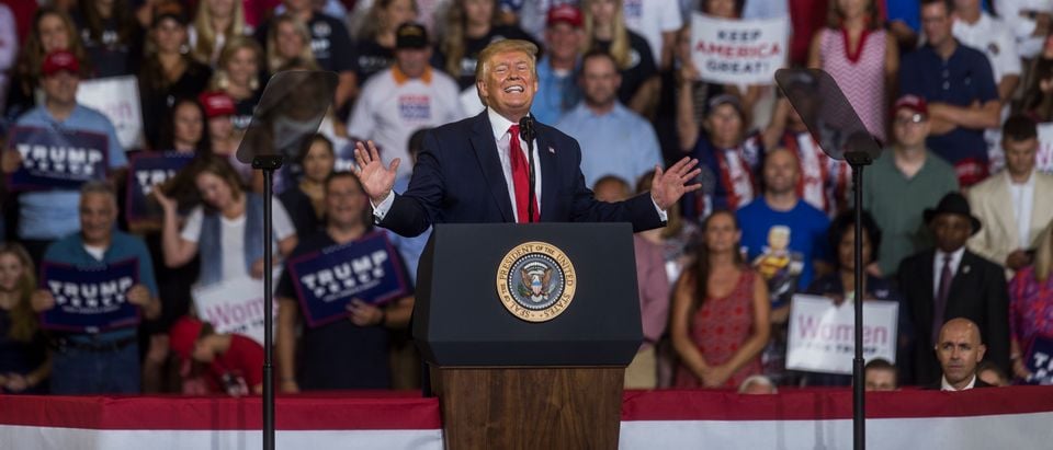 GREENVILLE, NC - JULY 17: President Donald Trump speaks during a Keep America Great rally on July 17, 2019 in Greenville, North Carolina. Trump is speaking in North Carolina only hours after The House of Representatives voted down an effort from a Texas Democrat to impeach the President. (Photo by Zach Gibson/Getty Images)