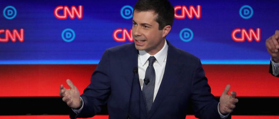 DETROIT, MICHIGAN - JULY 30: Democratic presidential candidate South Bend, Indiana Mayor Pete Buttigieg speaks during the Democratic Presidential Debate at the Fox Theatre July 30, 2019 in Detroit, Michigan. 20 Democratic presidential candidates were split into two groups of 10 to take part in the debate sponsored by CNN held over two nights at Detroit’s Fox Theatre. (Photo by Justin Sullivan/Getty Images)