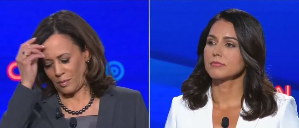 Hawaii Rep. Tulsi Gabbard demanded that California Sen. Kamala Harris apologize to the "people who suffered under your reign as prosecutor" during the second night of the Democratic debates on July 31, 2019. Grabien screenshot