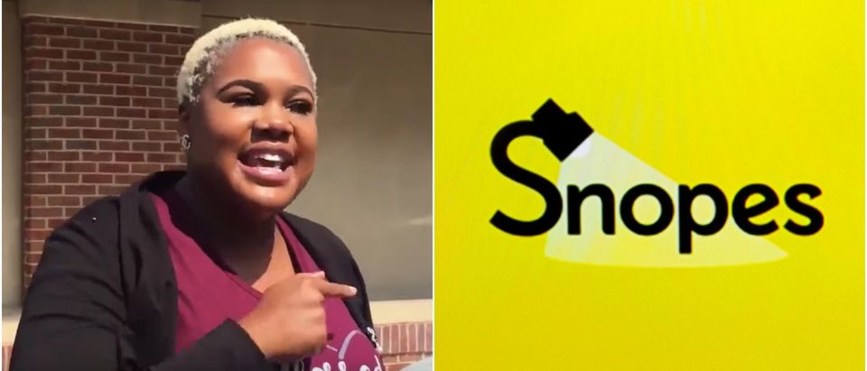 Representative Erica Thomas (Daily Caller/Youtube) and the Snopes logo (Shutterstock).