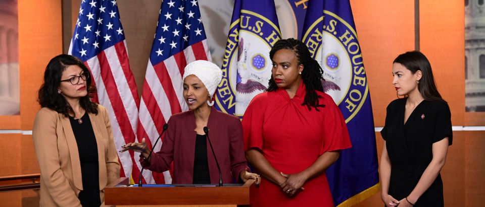 U.S. Reps Rashida Tlaib (D-MI), Ilhan Omar (D-MN), Alexandria Ocasio-Cortez (D-NY) and Ayanna Pressley (D-MA) hold a news conference after Democrats in the U.S. Congress moved to formally condemn President Donald Trump's attacks on the four minority congresswomen on Capitol Hill in Washington, U.S., July 15, 2019. REUTERS/Erin Scott