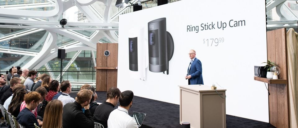Dave Limp, senior vice president of Amazon devices, announces Ring's new Stick Up Cams during an Alexa products and services launch event at The Spheres in Seattle on Sept. 20, 2018. (Photo: GRANT HINDSLEY/AFP/Getty Images)