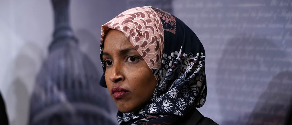 U.S. Rep. Ilhan Omar listens during a news conference on prescription drugs Jan. 10, 2019 at the Capitol in Washington, D.C. (Alex Wong/Getty Images)