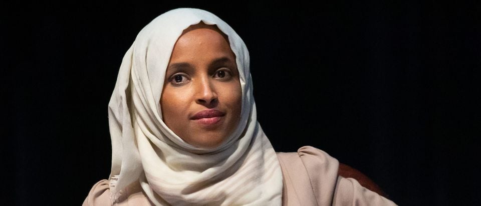 US Representative Ilhan Omar (D-MN) speaks on stage during a town hall meeting at Sabathani Community in Minneapolis, Minnesota on July 18, 2019. (KEREM YUCEL/AFP/Getty Images)
