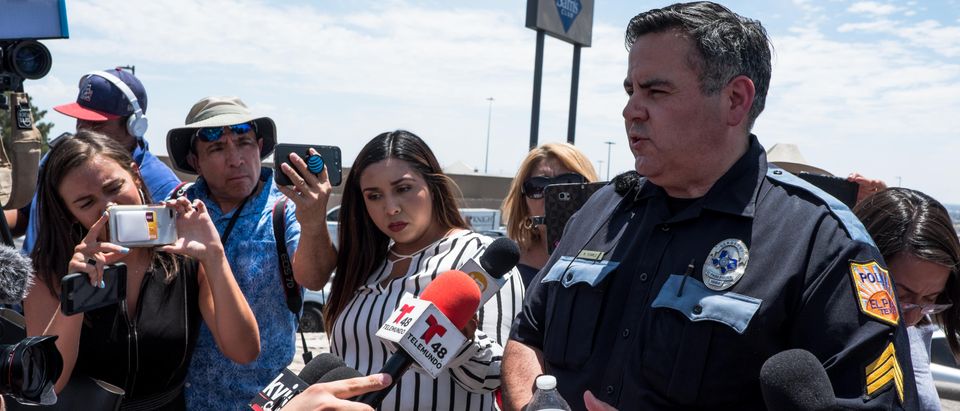 El Paso Police Department Sgt. Robert Gomez briefs media on a shooting that occurred at a Wal-Mart near Cielo Vista Mall in El Paso, Texas, on Aug. 3, 2019. (Photo: JOEL ANGEL JUAREZ/AFP/Getty Images)