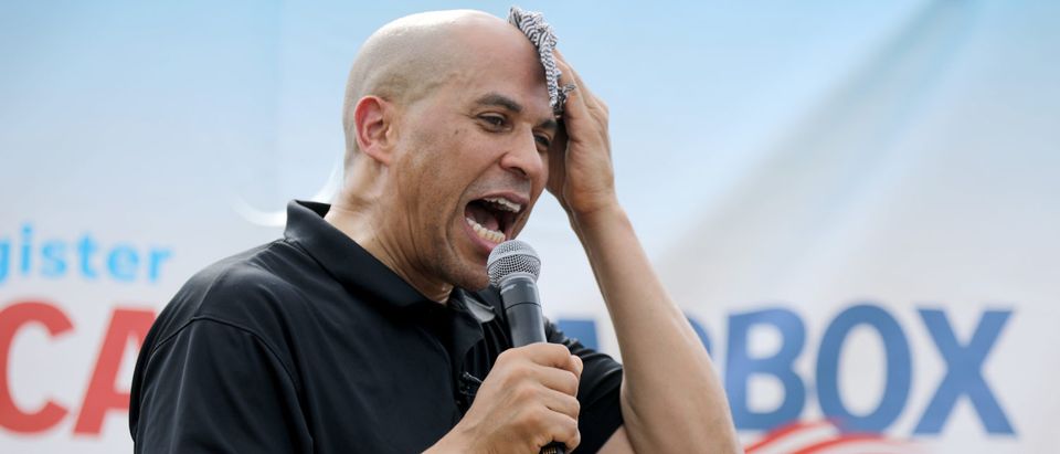 Democratic presidential candidate Sen. Cory Booker (D-NJ) delivers a 20-minute campaign speech at the Des Moines Register Political Soapbox at the Iowa State Fair August 10, 2019. (Chip Somodevilla/Getty Images)