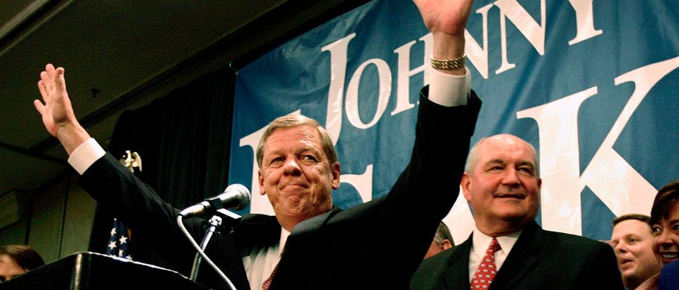 Senator-elect Isakson reacts to the crowd at an Atlanta hotel after being declared the winner of the ...