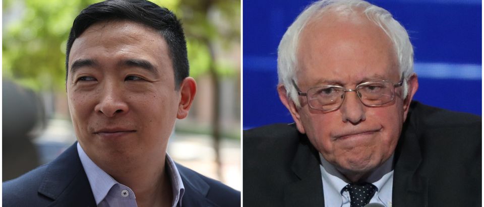 Andrew Yang/ Bernie Sanders side-by-side/ Getty Images collage