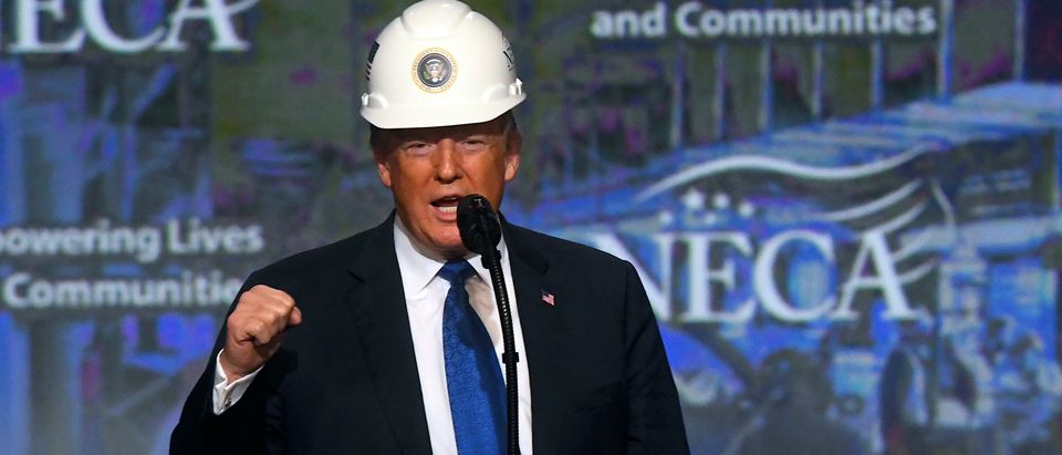 PHILADELPHIA, PA - OCTOBER 2: U.S. President Donald Trump wears a hard hat as he addresses the National Electrical Contractors Convention on October 2, 2018 in Philadelphia, Pennsylvania. The National Electrical Contractors Convention is the largest gathering of manufacturers and distributors for electrical professionals in North America. (Photo by Mark Makela/Getty Images)