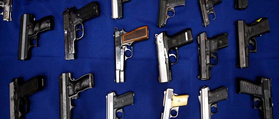 Seized guns are pictured at the police headquarters in New York