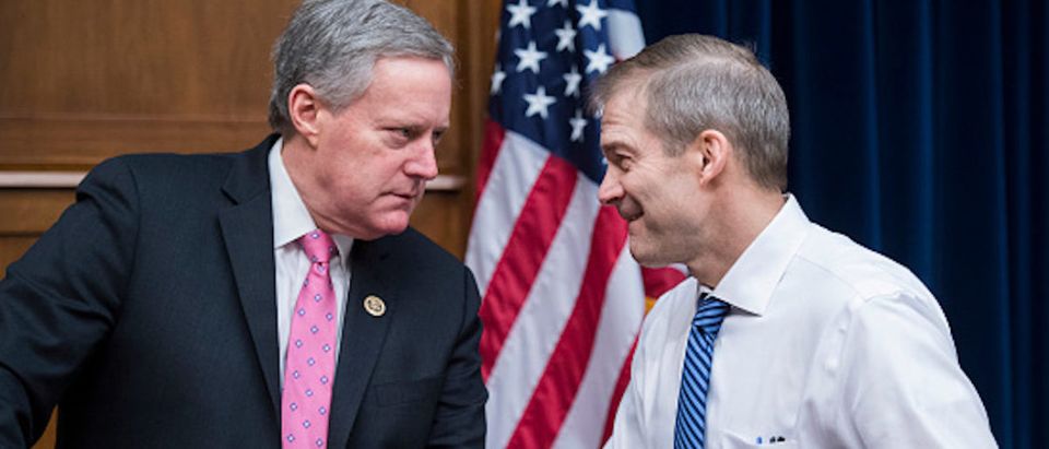 Ranking member Rep. Jim Jordan, R-Ohio, right, and Rep. Mark Meadows, R-N.C., are seen during a House Oversight and Reform Committee business meeting in Rayburn Building on Tuesday, January 29, 2019