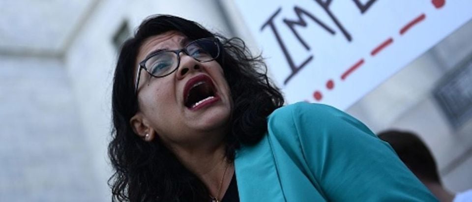 Rep. Rashida Tlaib D-MI joins activists asking for impeachment of US President Trump as they gather on Capitol Hill on September 23, 2019 in Washington,DC