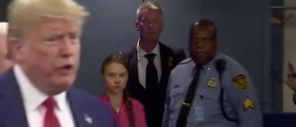 Swedish climate activist Greta Thunberg stares down President Donald Trump during United Nations General Assembly (Twitter Video Screenshot)