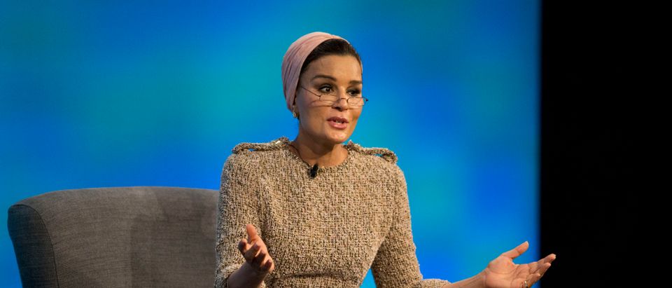 LONDON, ENGLAND - FEBRUARY 04: Qatar's Sheikha Moza bint Nasser speaks during the first focus event on education at the 'Supporting Syria and the Region' conference at the Queen Elizabeth II Conference Centre on February 4, 2016 in London, England. World leaders including British Prime Minister David Cameron and German Chancellor Angela Merkel will gather for the 4th annual donor conference in an attempt to raise £6.2bn GBP to those affected by the war in Syria. (Photo by Matt Dunham - WPA Pool /Getty Images)